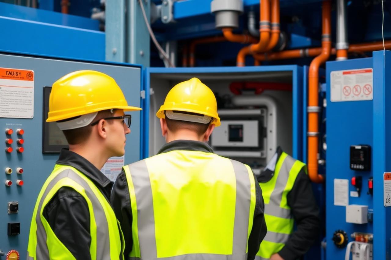Engineers reviewing an industrial control panel